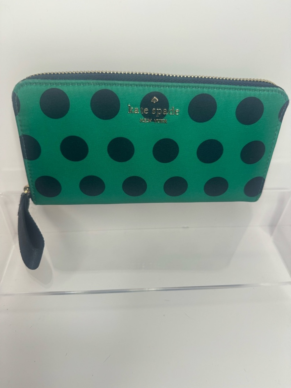 Kate Spade Green and Navy Blue Polka Dot Zip Nylon Long Wallet